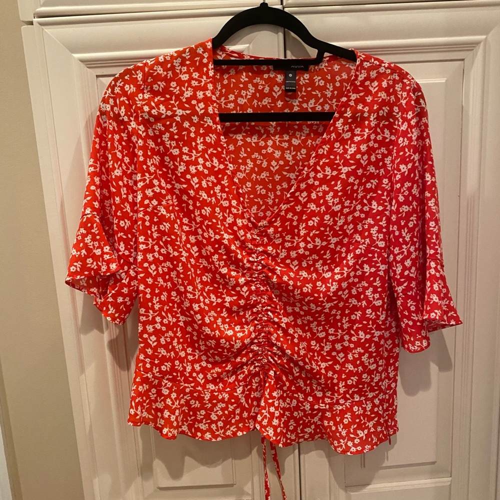 Aqua ditsy floral cinched top in red